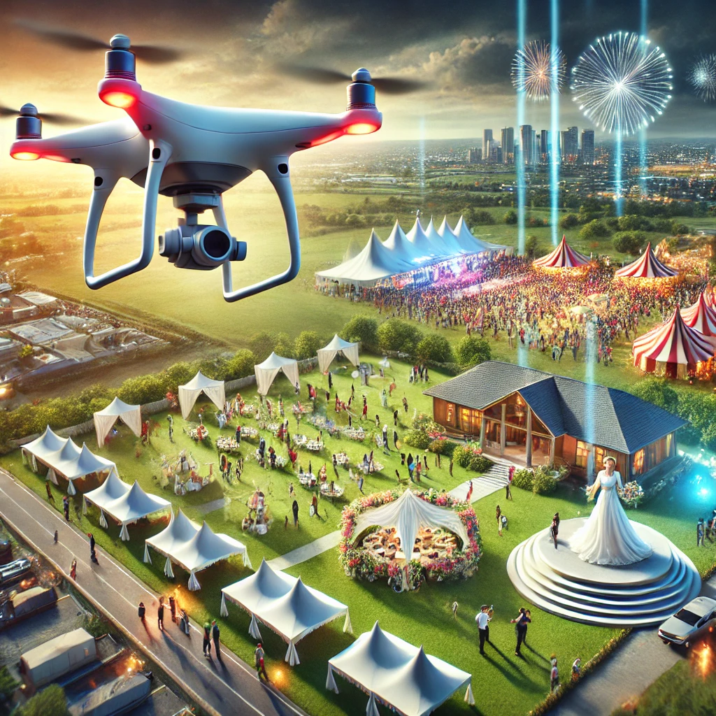 Drone capturing aerial footage of weddings, property sales, and festivals by TrustGaia