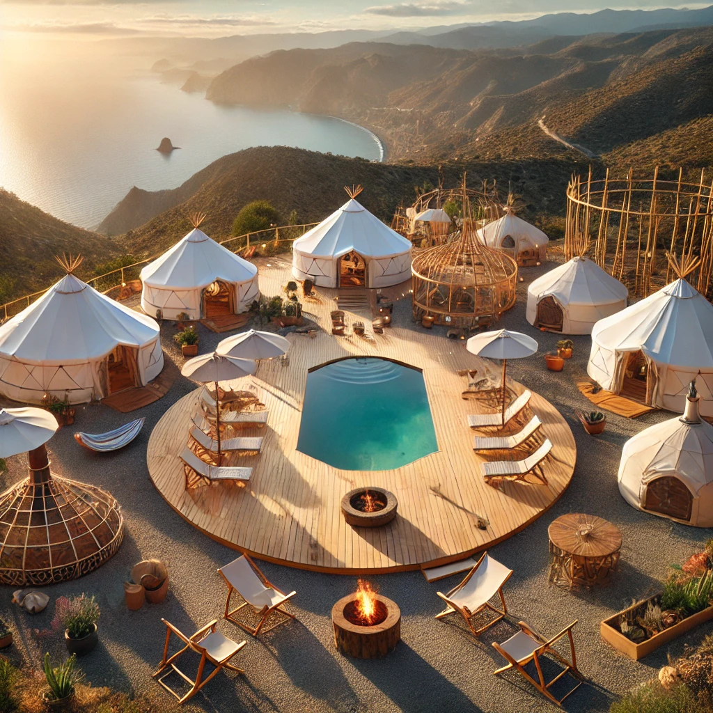 TrustGaia retreat in Málaga with sea view, bamboo structures, Yurts, and yoga platform